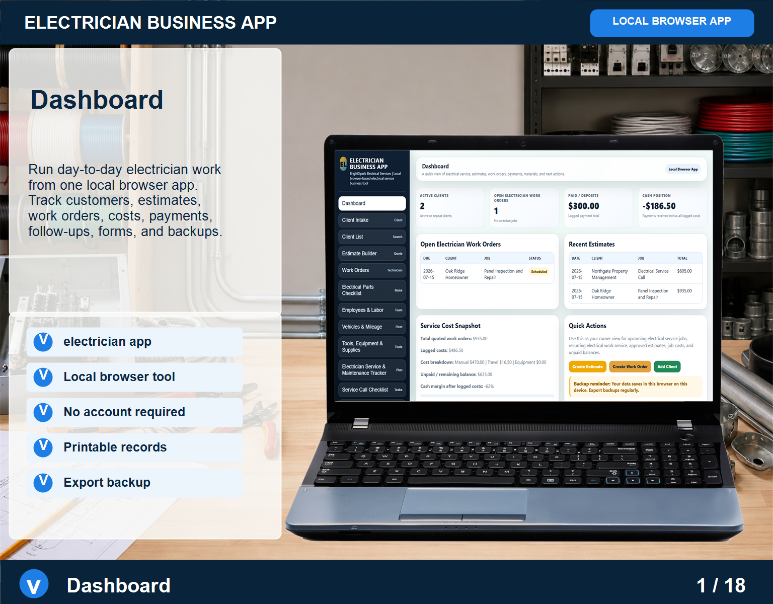 Electrician business app Electrician screen for service workflow management
